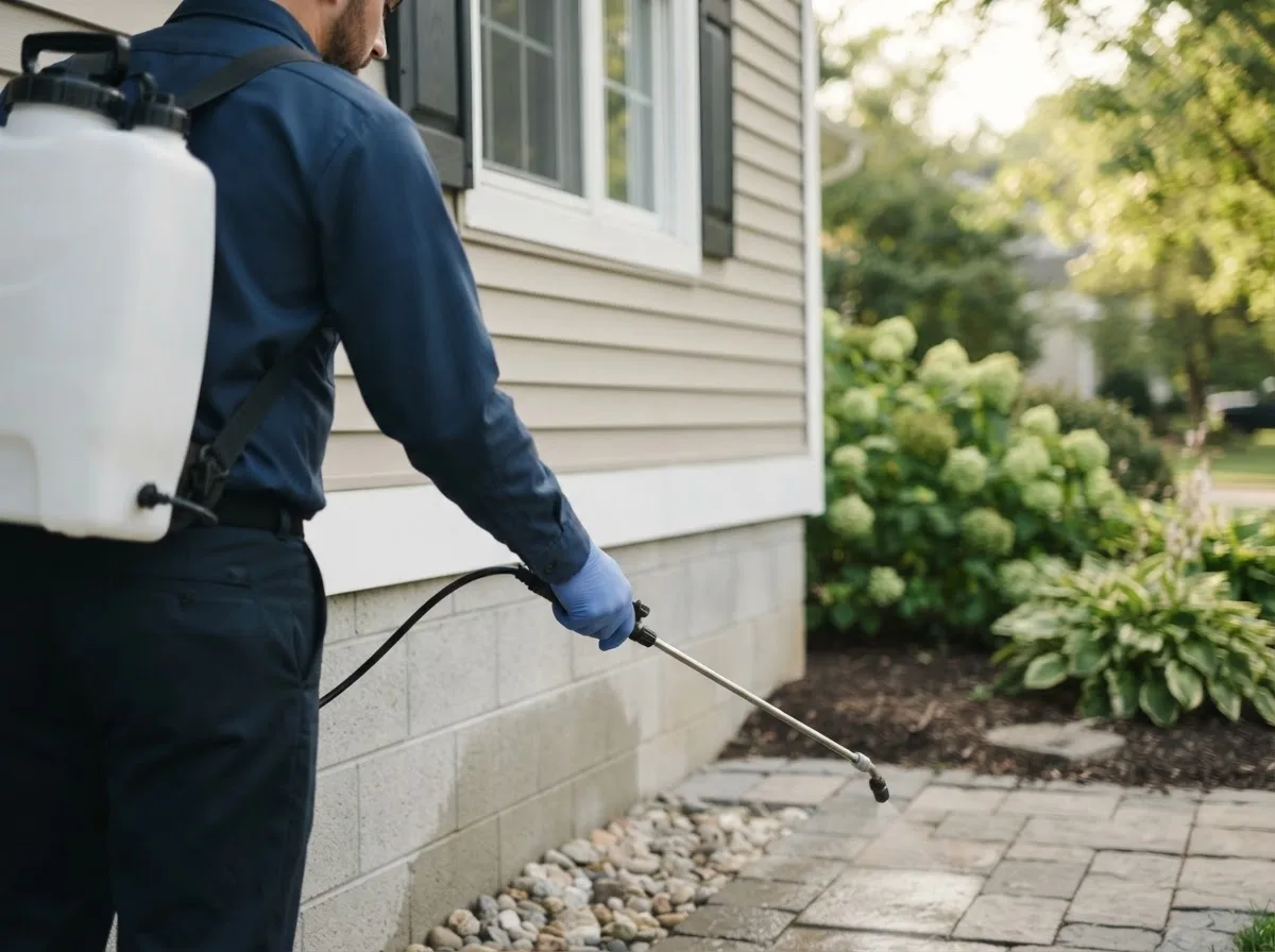 Pest control technician inspecting a home in Jasper, MI